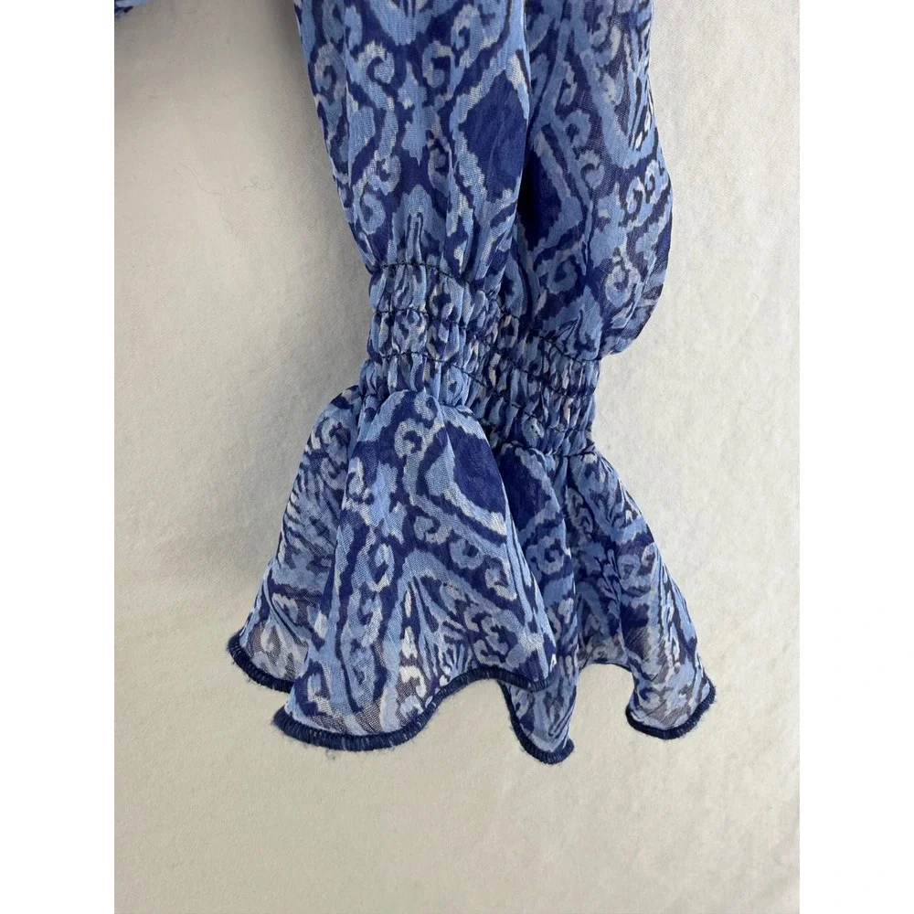Zara Blue Geometric Print Ruffle V-Neck Cropped Blouse Smocked Bell Cuffs Small